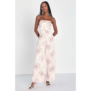 Lulus Beautiful Sentiment Champagne Floral Satin Cowl Back Jumpsuit Gold